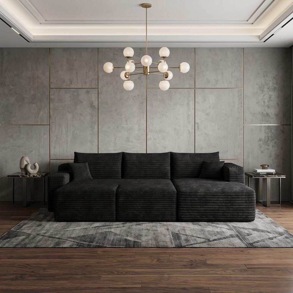 95" Black Corduroy Modular Chaise Style Sofa With Ottoman And Toss Pillows - HomeRoots - Flyclothing LLC