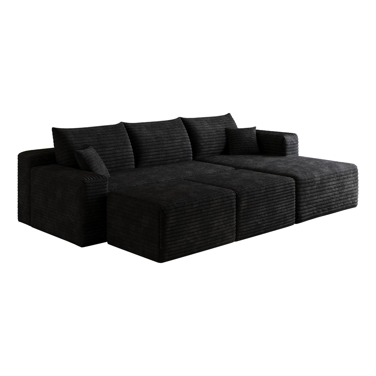 95" Black Corduroy Modular Chaise Style Sofa With Ottoman And Toss Pillows - HomeRoots - Flyclothing LLC