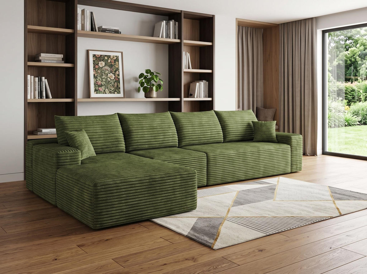Green Corduroy Modular L Shaped Sofa and Chaise Sectional - HomeRoots - Flyclothing LLC