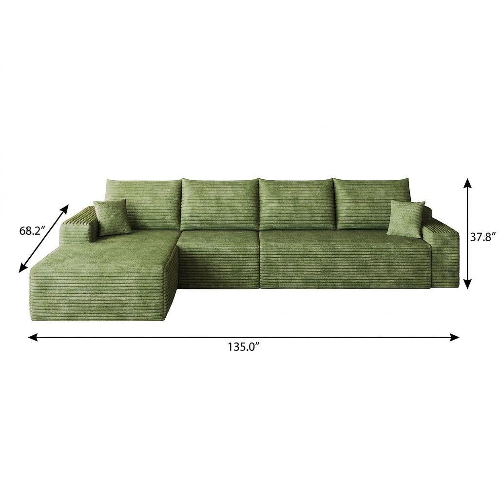 Green Corduroy Modular L Shaped Sofa and Chaise Sectional - HomeRoots - Flyclothing LLC