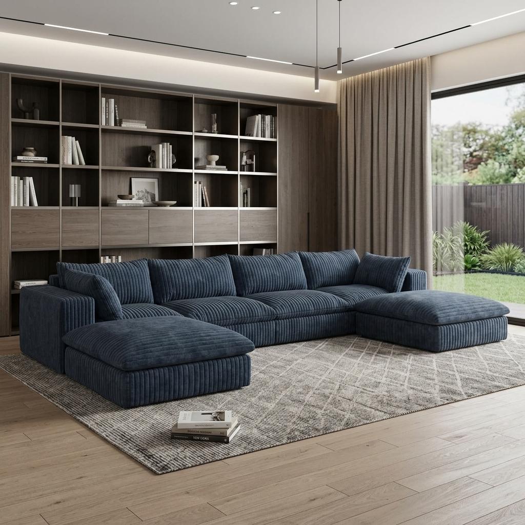 158" Blue Corduroy Modular Sofa With Ottoman And Toss Pillows - HomeRoots - Flyclothing LLC