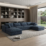 158" Blue Corduroy Modular Sofa With Ottoman And Toss Pillows - HomeRoots - Flyclothing LLC