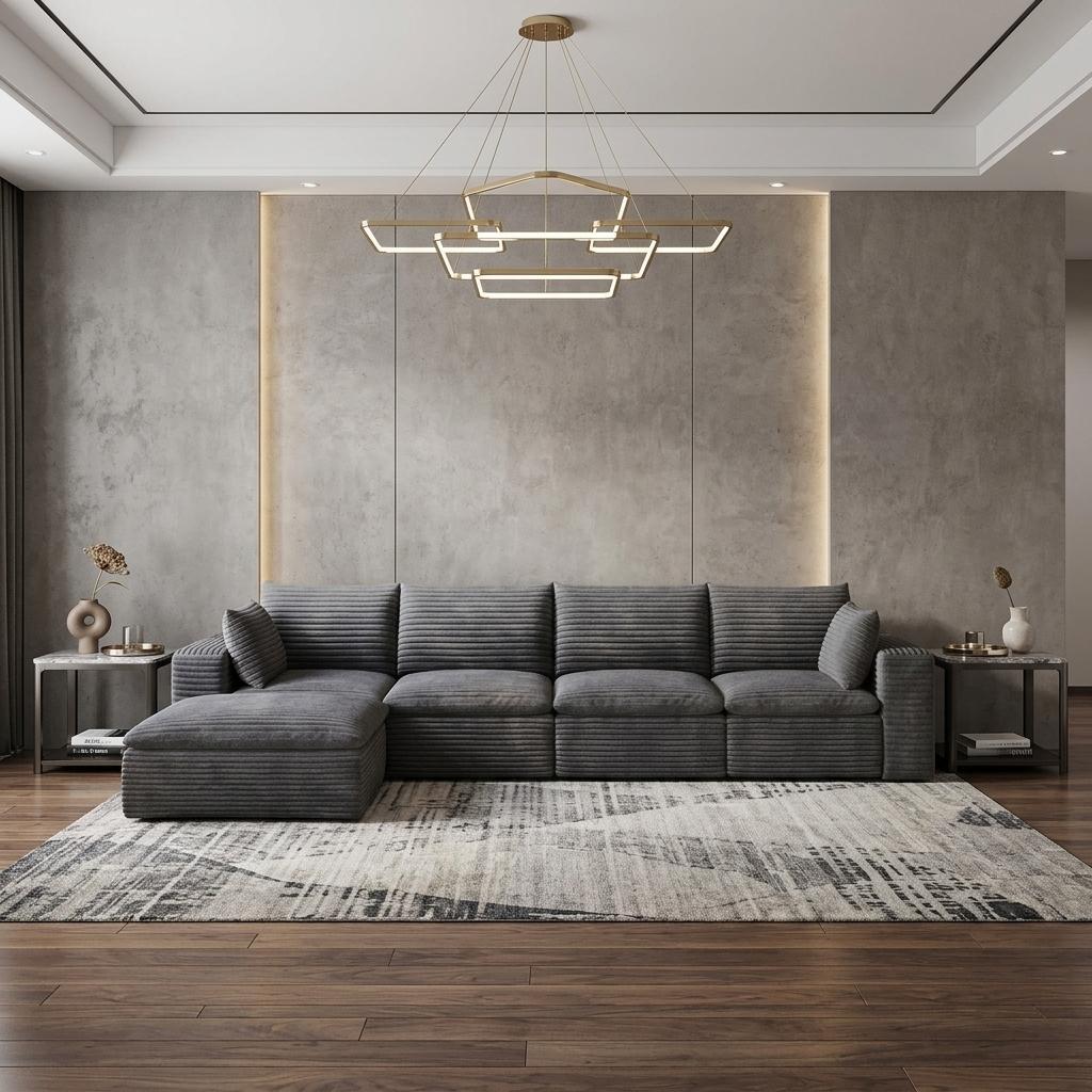 134" Dark Gray Corduroy Modular Sofa With Ottoman And Toss Pillows - HomeRoots - Flyclothing LLC