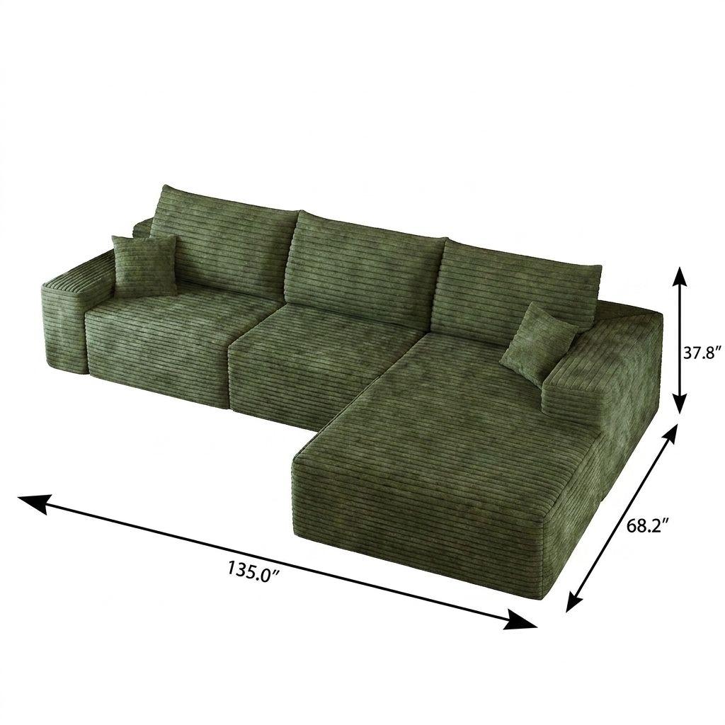 Green Corduroy Modular L Shaped Sofa and Chaise Sectional - HomeRoots - Flyclothing LLC