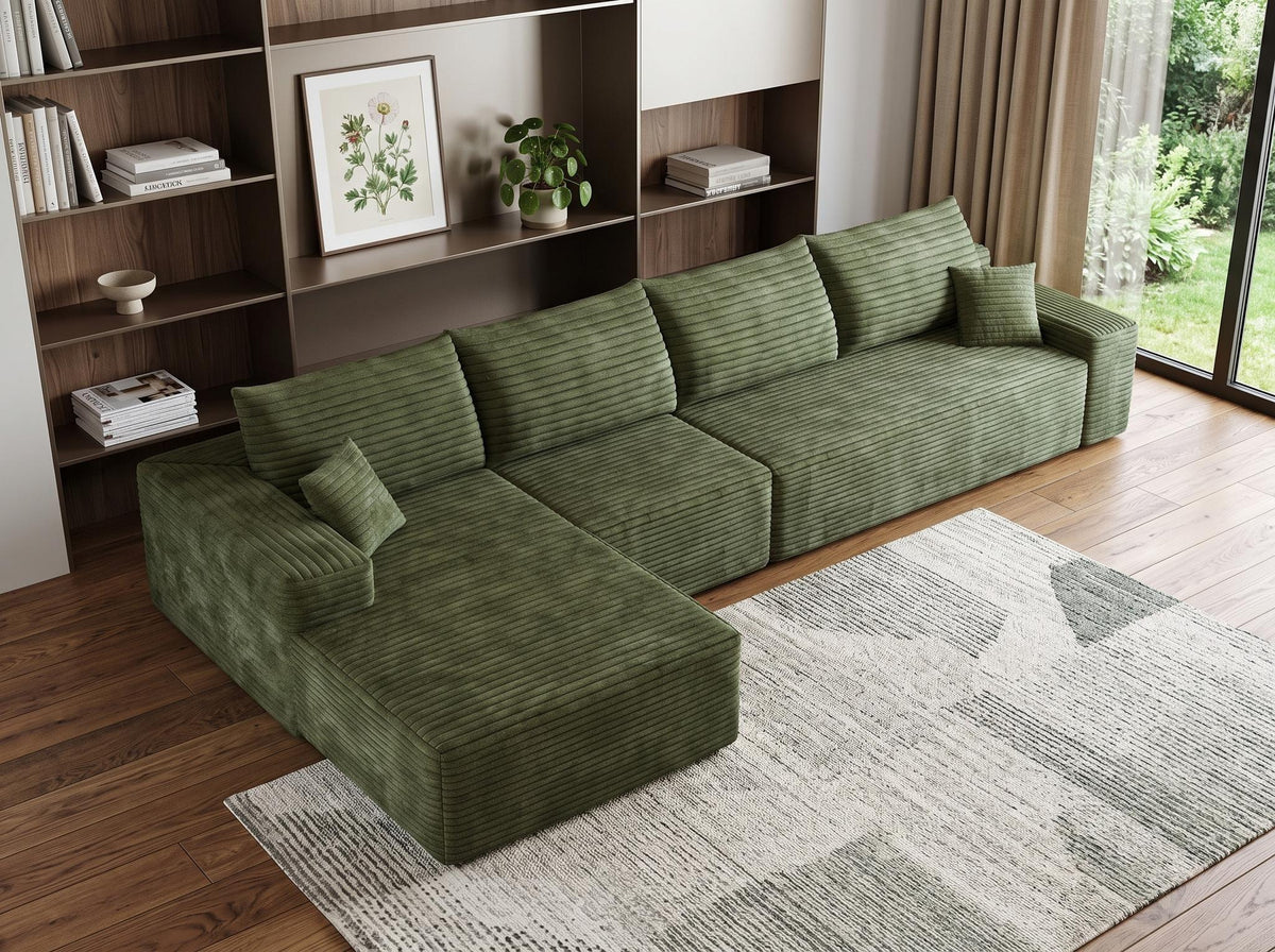 Green Corduroy Modular L Shaped Sofa and Chaise Sectional - HomeRoots - Flyclothing LLC