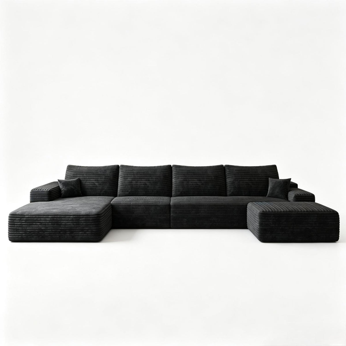 135" Black Corduroy Modular Chaise Style Sofa With Ottoman And Toss Pillows - HomeRoots - Flyclothing LLC