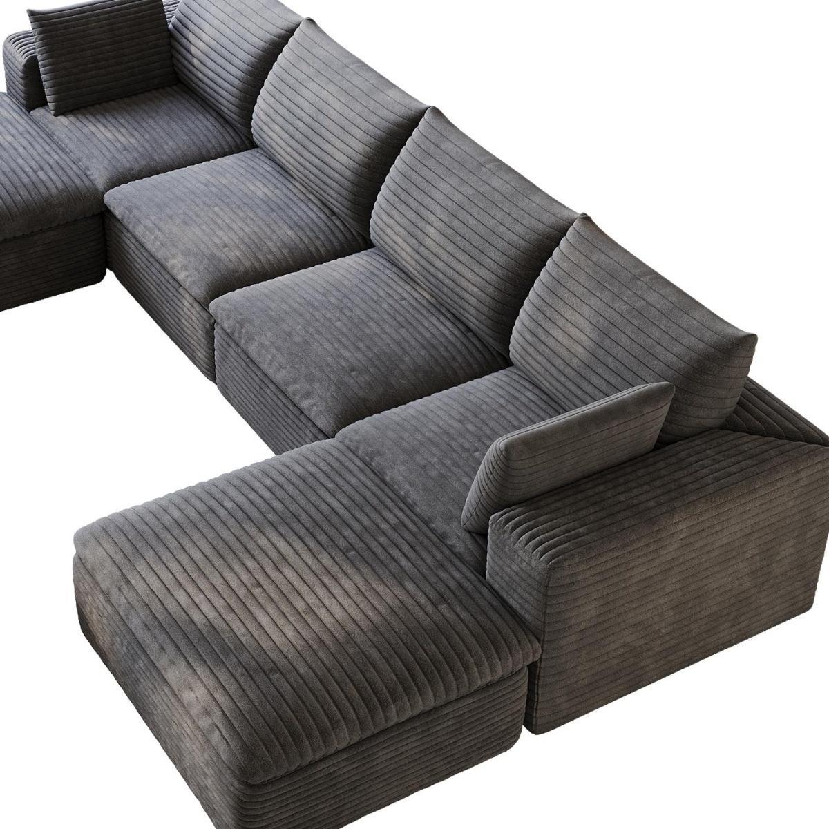 134" Dark Gray Corduroy Modular Sofa With Ottoman And Toss Pillows - HomeRoots - Flyclothing LLC