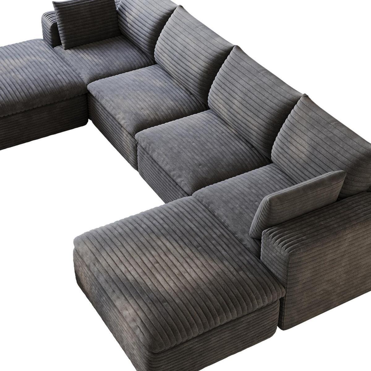 134" Dark Gray Corduroy Modular Sofa With Ottoman And Toss Pillows - HomeRoots - Flyclothing LLC