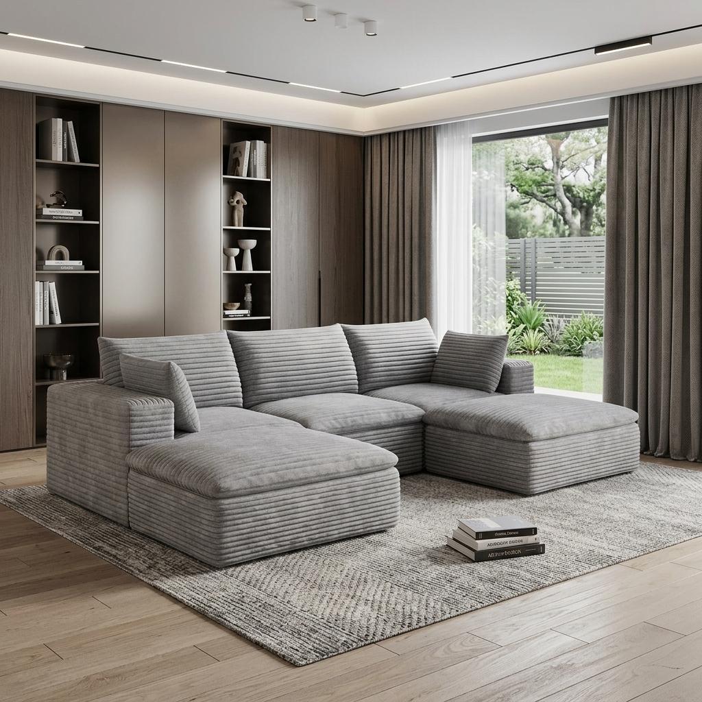 102" Gray Corduroy Modular Sofa With Ottoman And Toss Pillows - HomeRoots - Flyclothing LLC