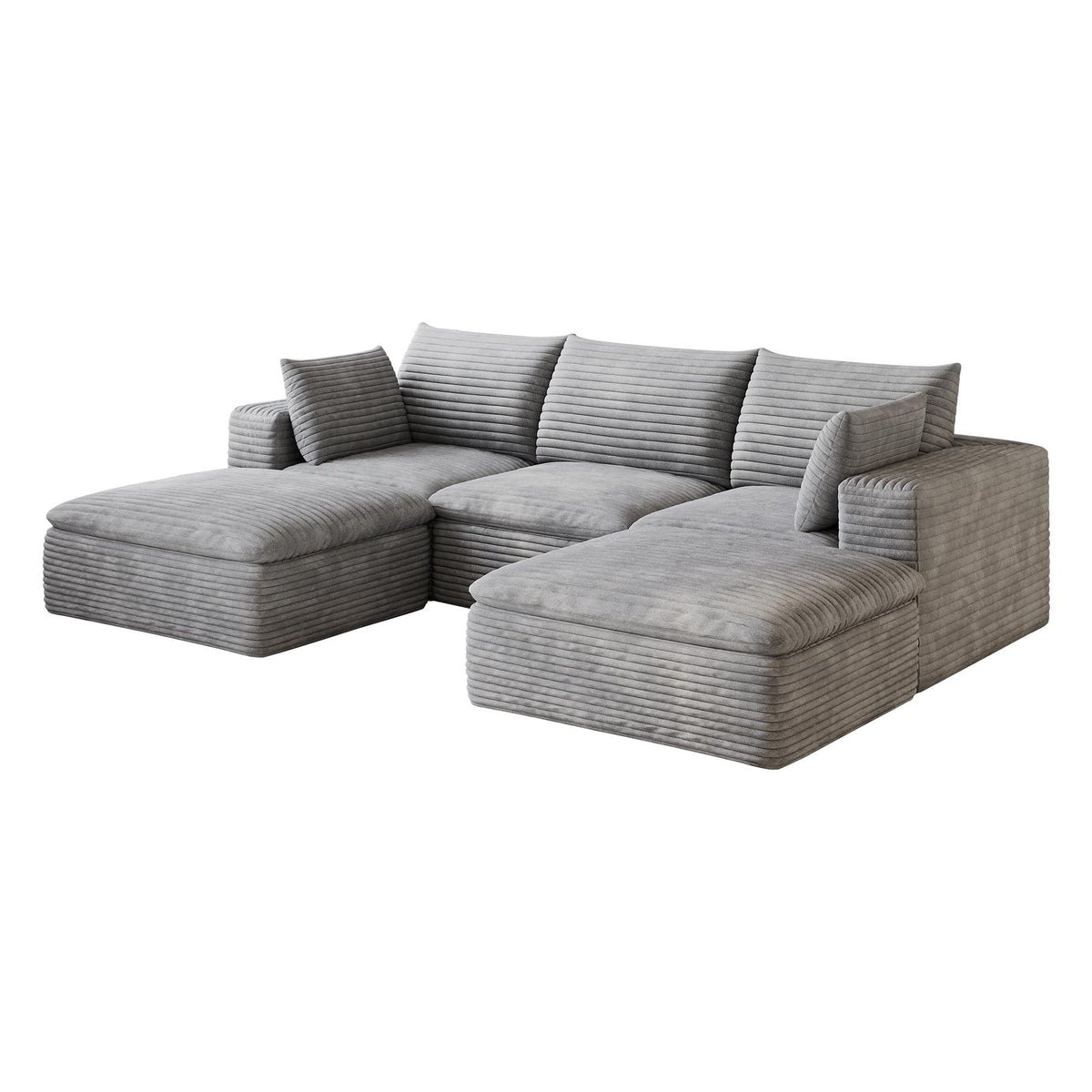 102" Gray Corduroy Modular Sofa With Ottoman And Toss Pillows - HomeRoots - Flyclothing LLC