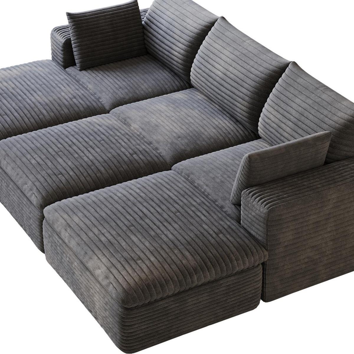 102" Dark Gray Corduroy Modular Sofa With Ottoman And Toss Pillows - HomeRoots - Flyclothing LLC