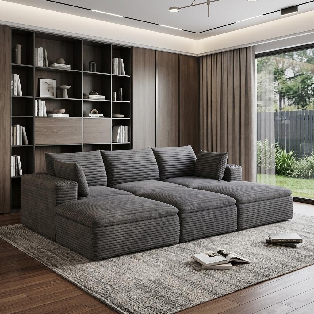 102" Dark Gray Corduroy Modular Sofa With Ottoman And Toss Pillows - HomeRoots - Flyclothing LLC