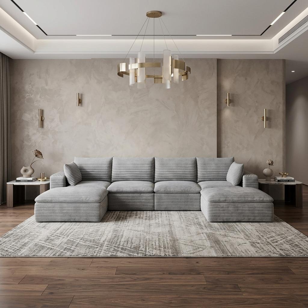 134" Gray Corduroy Modular Sofa With Ottoman And Toss Pillows - HomeRoots - Flyclothing LLC