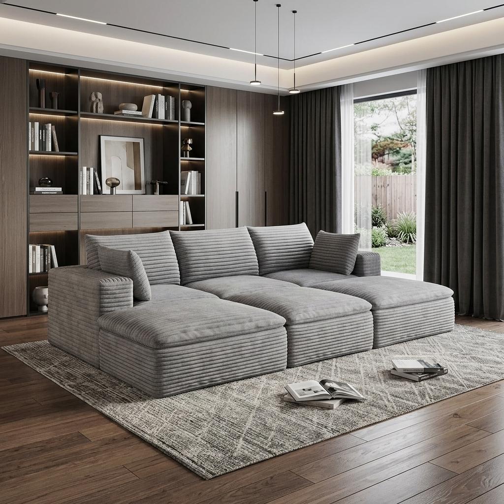 102" Gray Corduroy Modular Sofa With Ottoman And Toss Pillows - HomeRoots - Flyclothing LLC