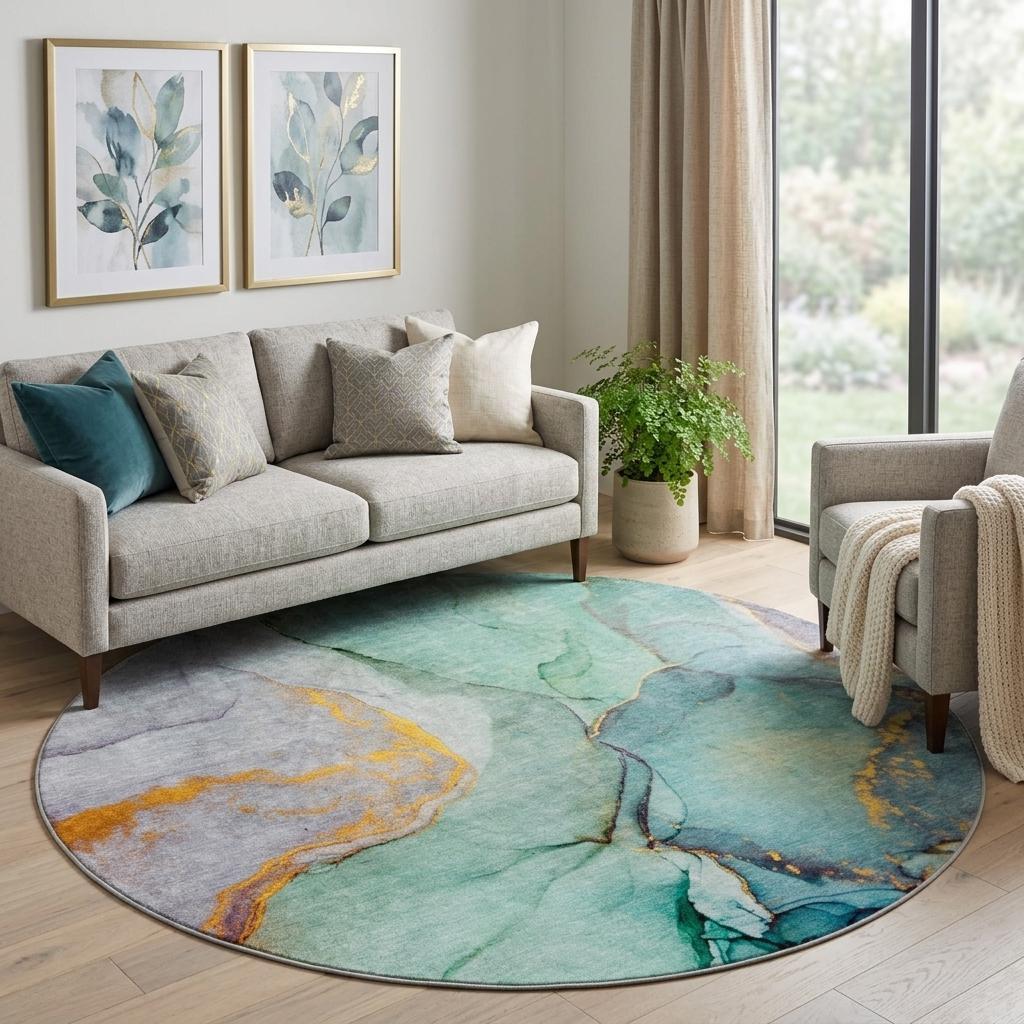 8' Teal And Blue Abstract Shag Washable Round Rug With UV Protection - HomeRoots - Flyclothing LLC