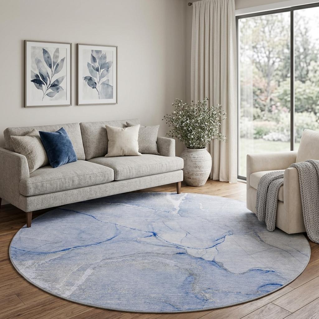 8' Blue And Denim Blue Abstract Shag Washable Round Rug With UV Protection - HomeRoots - Flyclothing LLC