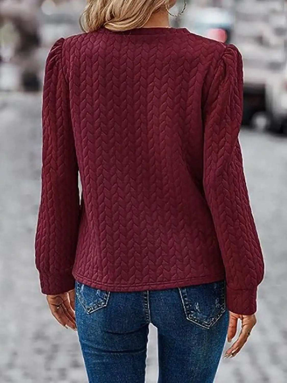 Textured Round Neck Long Sleeve Sweatshirt - Trendsi - Flyclothing LLC