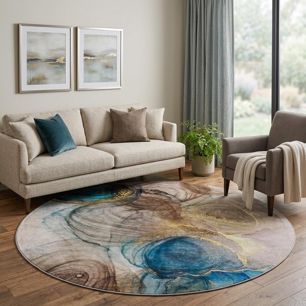 8' Beige And Brown Abstract Shag Washable Round Rug With UV Protection - HomeRoots - Flyclothing LLC