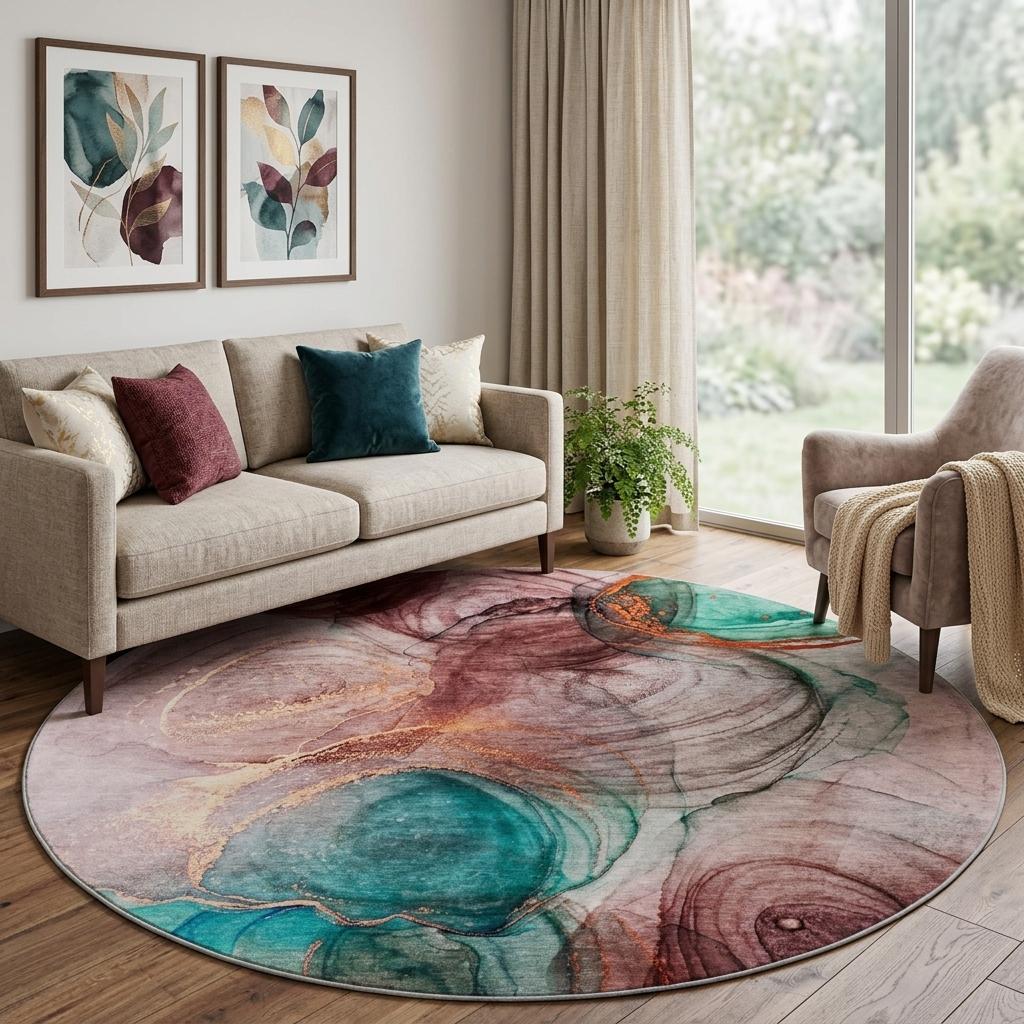 8' Burgundy And Blush Abstract Shag Washable Round Rug With UV Protection - HomeRoots - Flyclothing LLC
