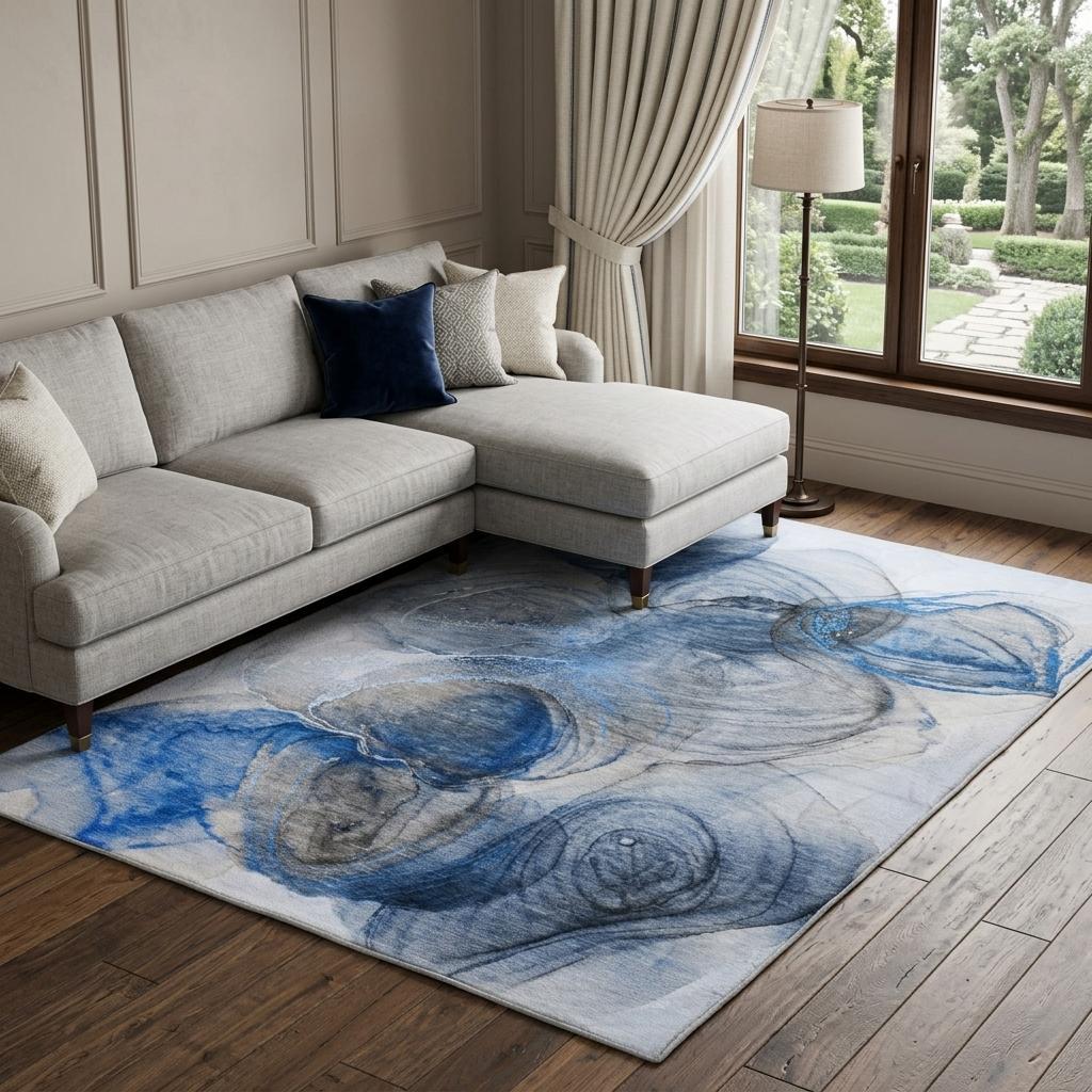 9' X 12' Navy Blue And Denim Blue Abstract Shag Washable Area Rug With UV Protection - HomeRoots - Flyclothing LLC