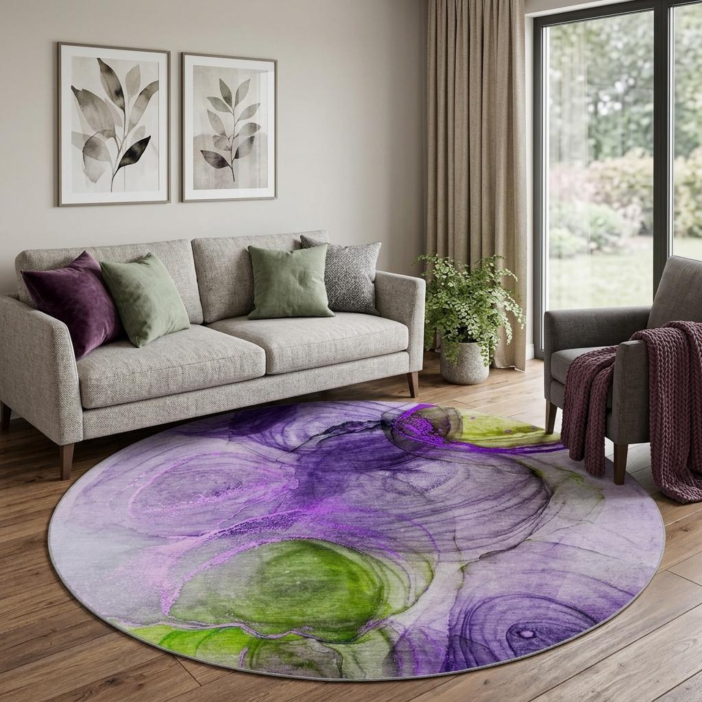 8' Purple And Lavender Abstract Shag Washable Round Rug With UV Protection - HomeRoots - Flyclothing LLC