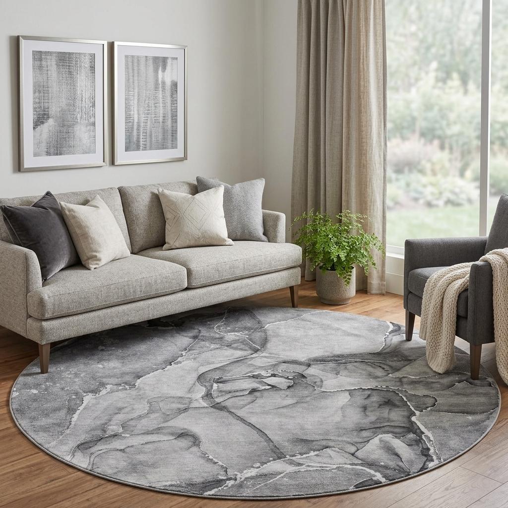8' Pewter And Gray Abstract Shag Washable Round Rug With UV Protection - HomeRoots - Flyclothing LLC