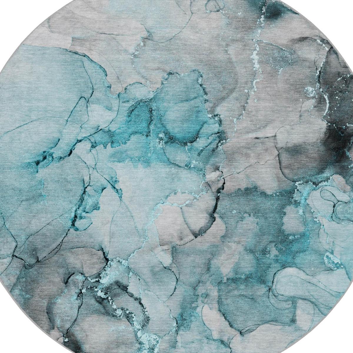8' Teal And Gray Abstract Shag Washable Round Rug With UV Protection - HomeRoots - Flyclothing LLC