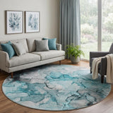 8' Teal And Gray Abstract Shag Washable Round Rug With UV Protection - HomeRoots - Flyclothing LLC