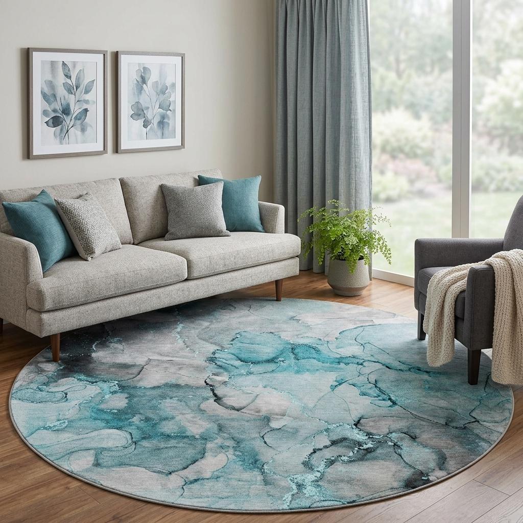 8' Teal And Gray Abstract Shag Washable Round Rug With UV Protection - HomeRoots - Flyclothing LLC