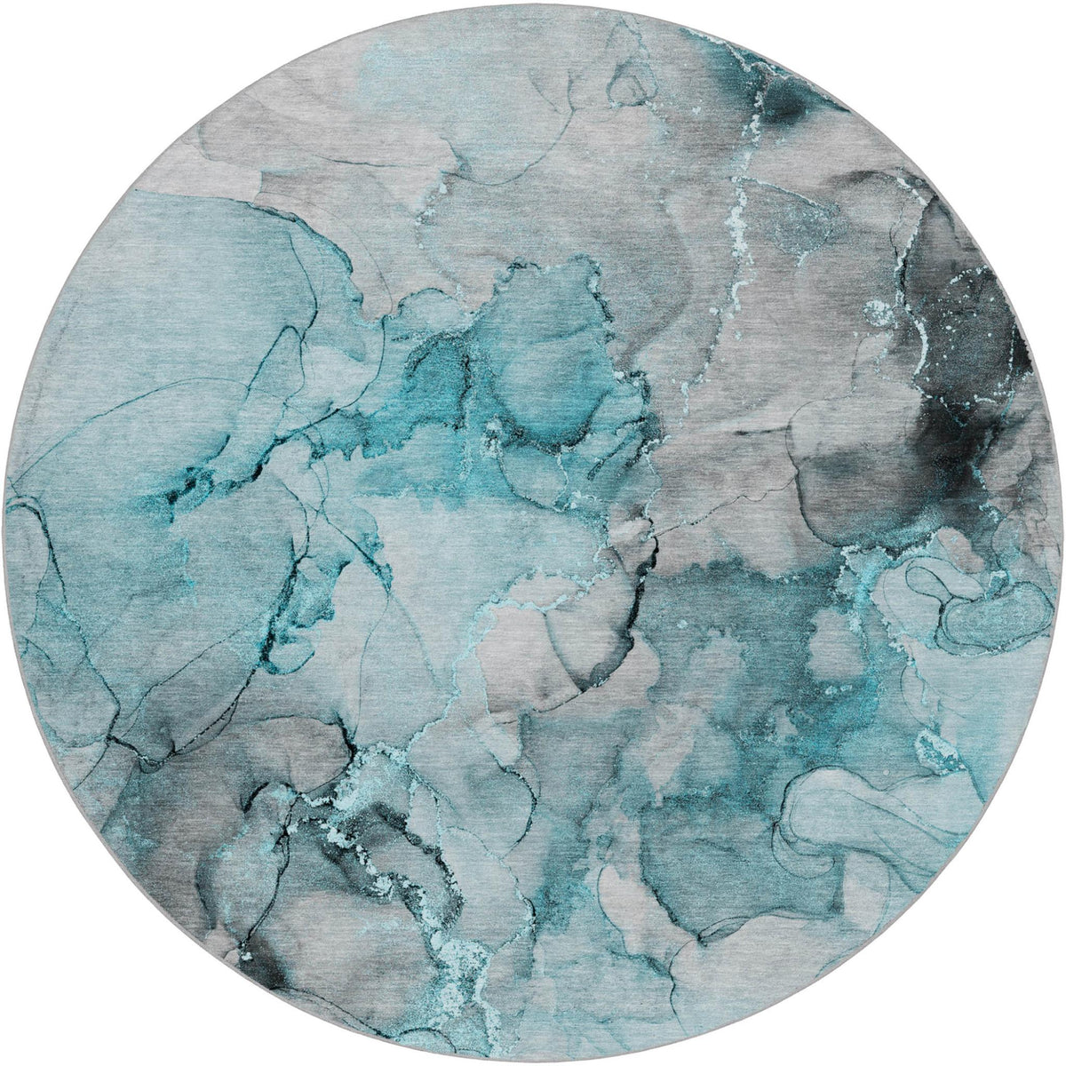 8' Teal And Gray Abstract Shag Washable Round Rug With UV Protection - HomeRoots - Flyclothing LLC