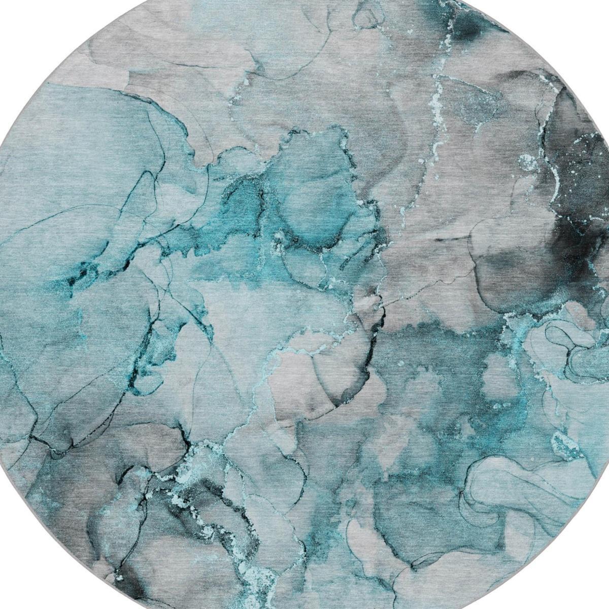 8' Teal And Gray Abstract Shag Washable Round Rug With UV Protection - HomeRoots - Flyclothing LLC