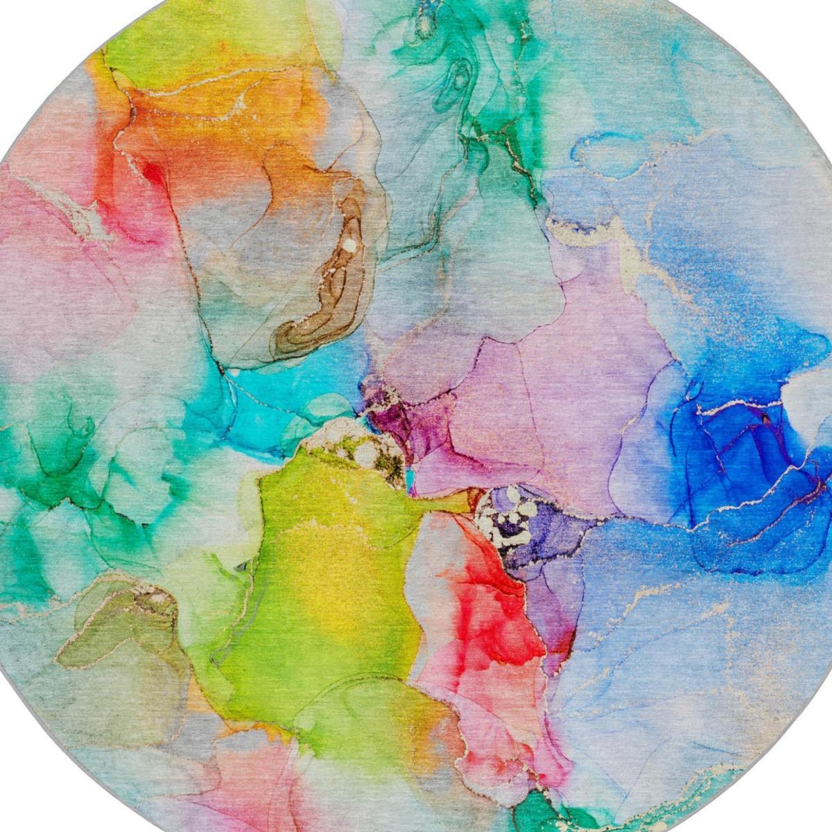 8' Blue And Teal Abstract Shag Washable Round Rug With UV Protection - HomeRoots - Flyclothing LLC