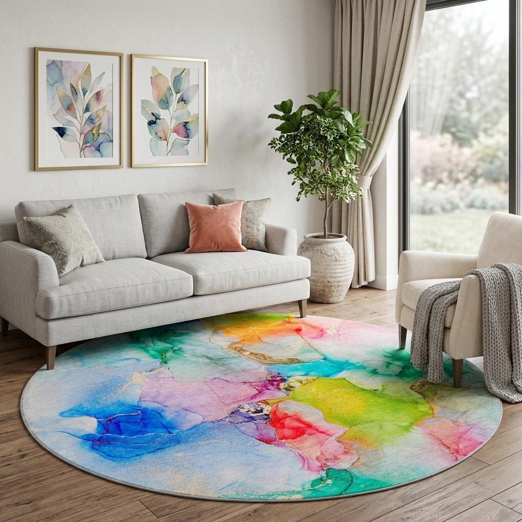 8' Blue And Teal Abstract Shag Washable Round Rug With UV Protection - HomeRoots - Flyclothing LLC