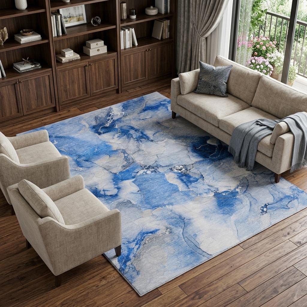 10' X 14' Navy Blue And Denim Blue Abstract Shag Washable Area Rug With UV Protection - HomeRoots - Flyclothing LLC