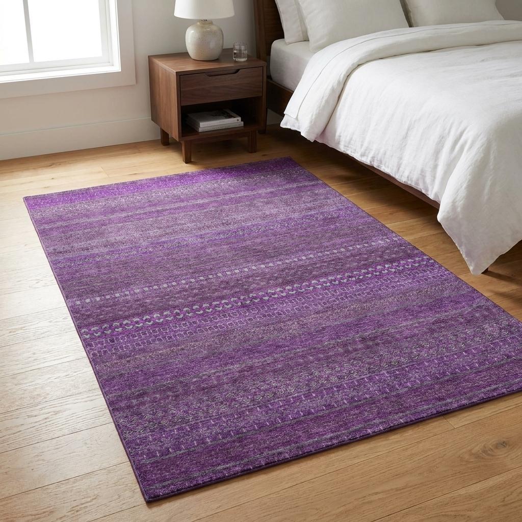 3' X 5' Eggplant And Purple Striped Shag Washable Area Rug With UV Protection - HomeRoots - Flyclothing LLC
