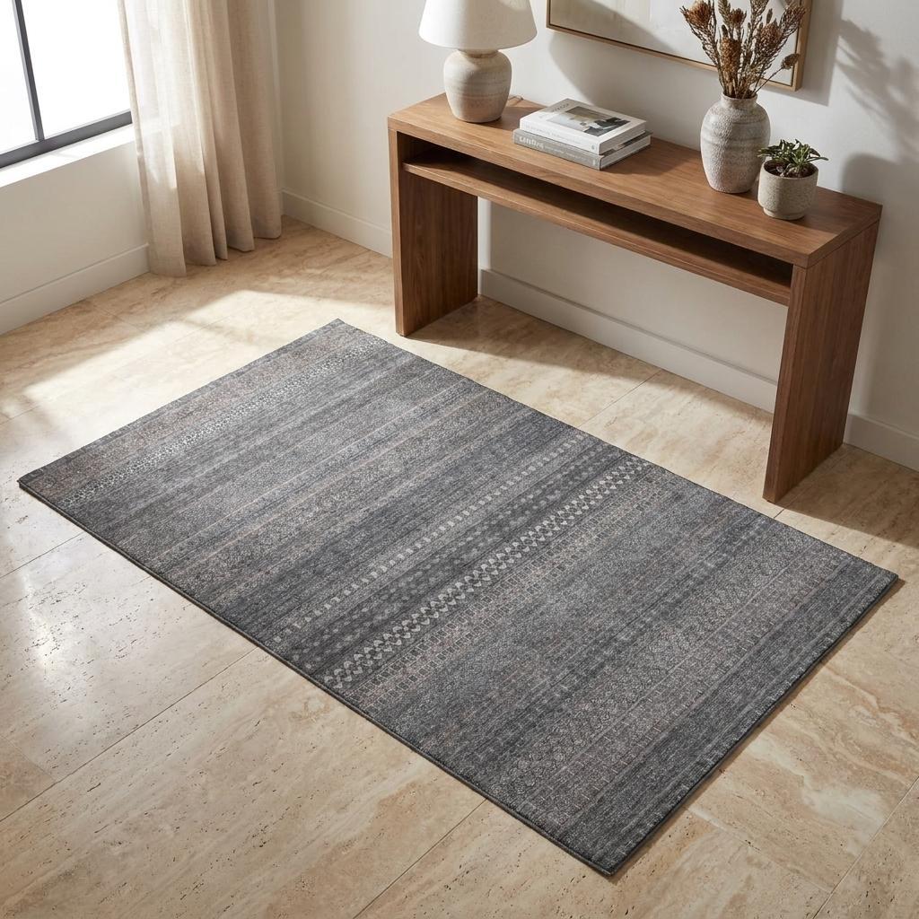 3' X 5' Gray And Charcoal Striped Shag Washable Area Rug With UV Protection - HomeRoots - Flyclothing LLC