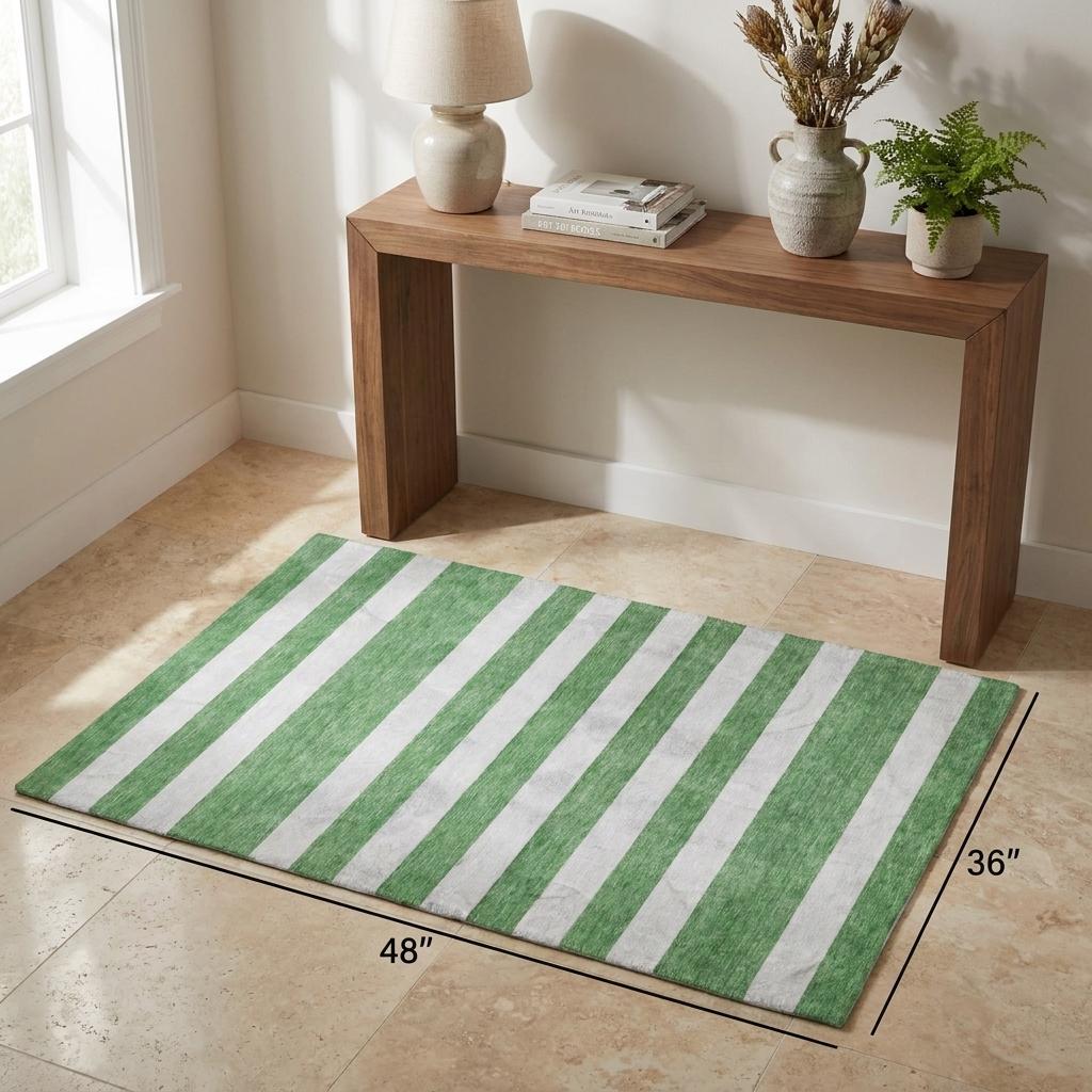 3' X 5' Green And Ivory Striped Shag Washable Area Rug With UV Protection - HomeRoots - Flyclothing LLC