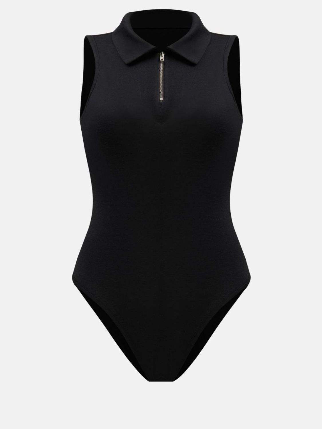 Quarter Zip Collared Neck Sleeveless Bodysuit - Trendsi - Flyclothing LLC