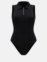 Quarter Zip Collared Neck Sleeveless Bodysuit - Trendsi - Flyclothing LLC