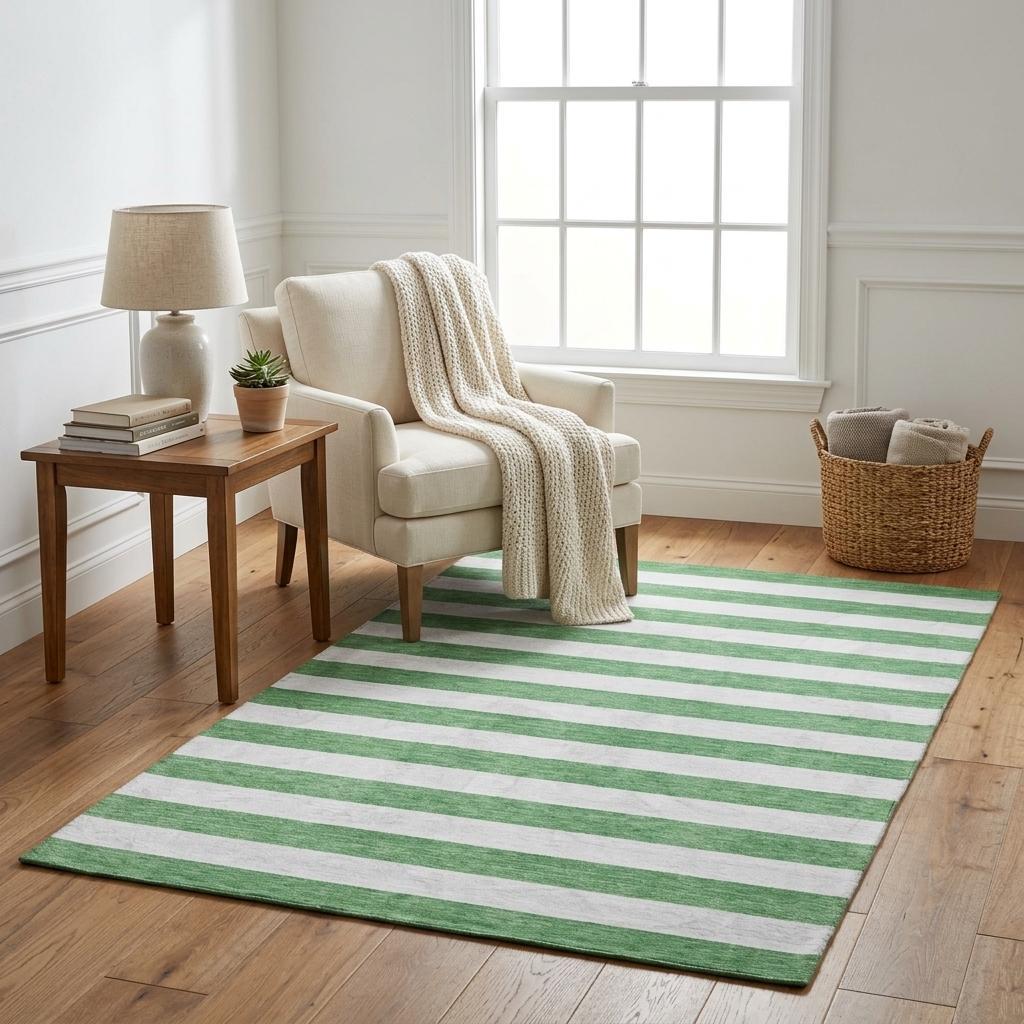 5' X 8' Green And Ivory Striped Shag Washable Area Rug With UV Protection - HomeRoots - Flyclothing LLC