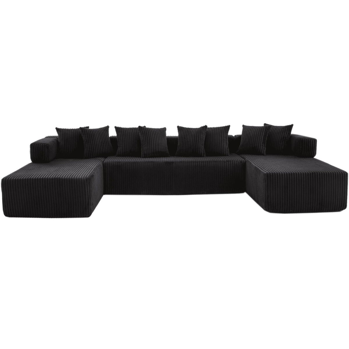 Black Corduroy Modular U Shaped Three Piece Corner Sectional With Console And Toss Pillows - HomeRoots - Flyclothing LLC