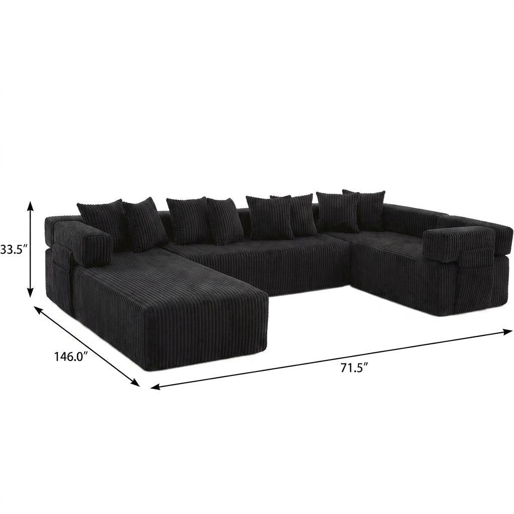 Black Corduroy Modular U Shaped Three Piece Corner Sectional With Console And Toss Pillows - HomeRoots - Flyclothing LLC