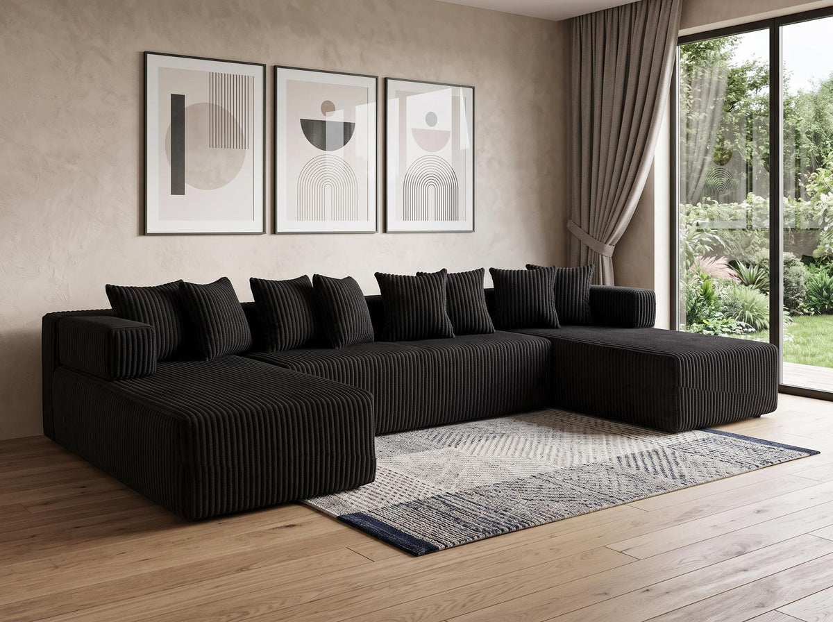 Black Corduroy Modular U Shaped Three Piece Corner Sectional With Console And Toss Pillows - HomeRoots - Flyclothing LLC