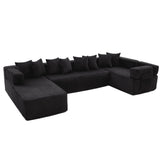 Black Corduroy Modular U Shaped Three Piece Corner Sectional With Console And Toss Pillows - HomeRoots - Flyclothing LLC