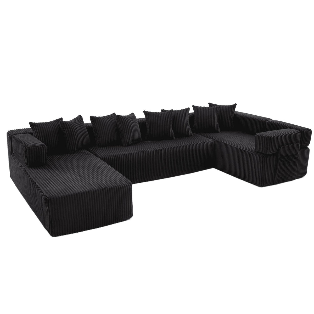 Black Corduroy Modular U Shaped Three Piece Corner Sectional With Console And Toss Pillows - HomeRoots - Flyclothing LLC