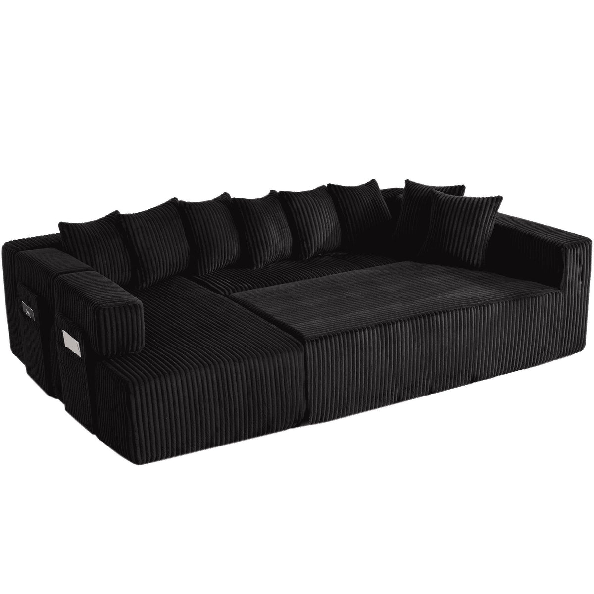 Black Corduroy Modular U Shaped Three Piece Corner Sectional With Console And Toss Pillows - HomeRoots - Flyclothing LLC