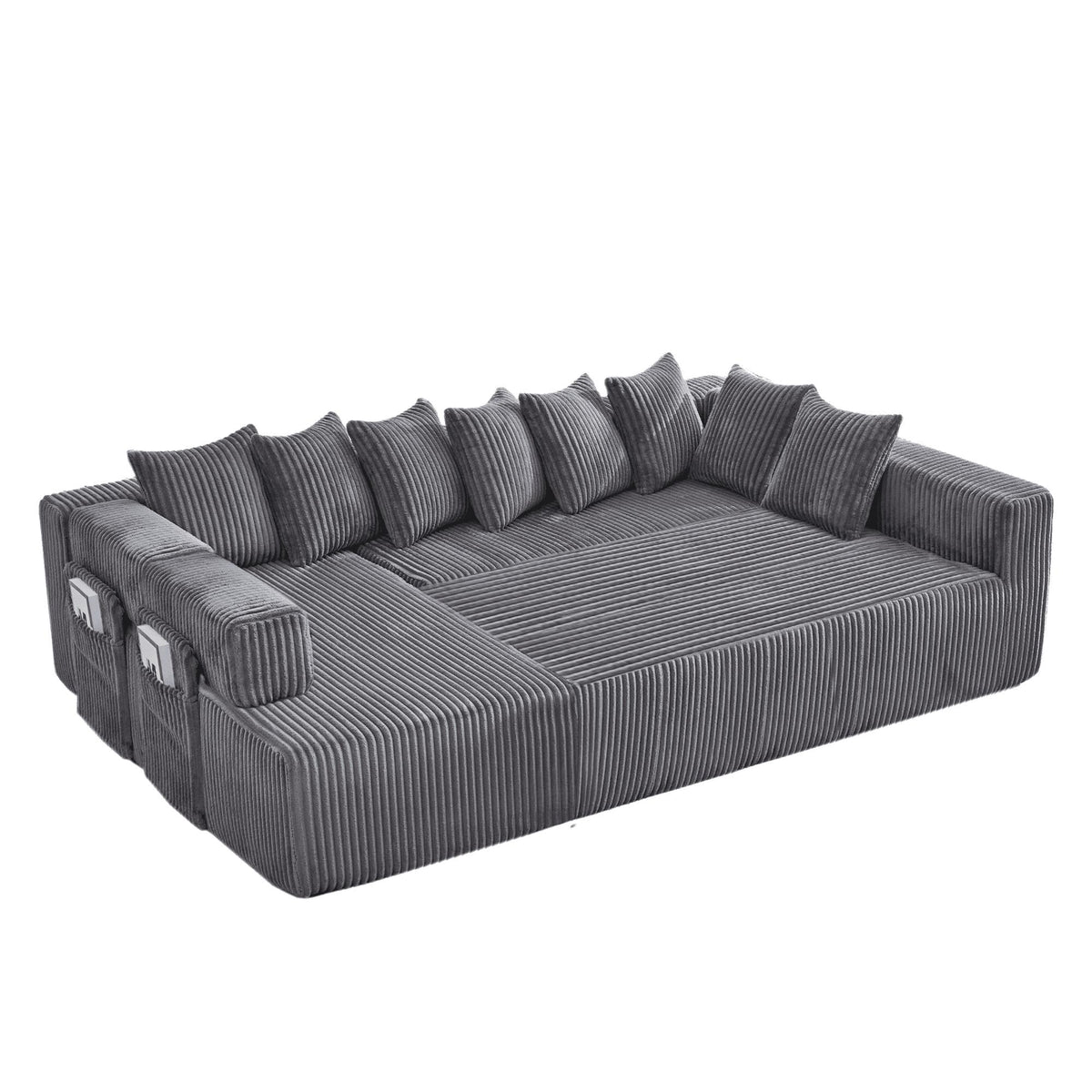 Dark Gray Corduroy Modular U Shaped Three Piece Corner Sectional With Console And Toss Pillows - HomeRoots - Flyclothing LLC