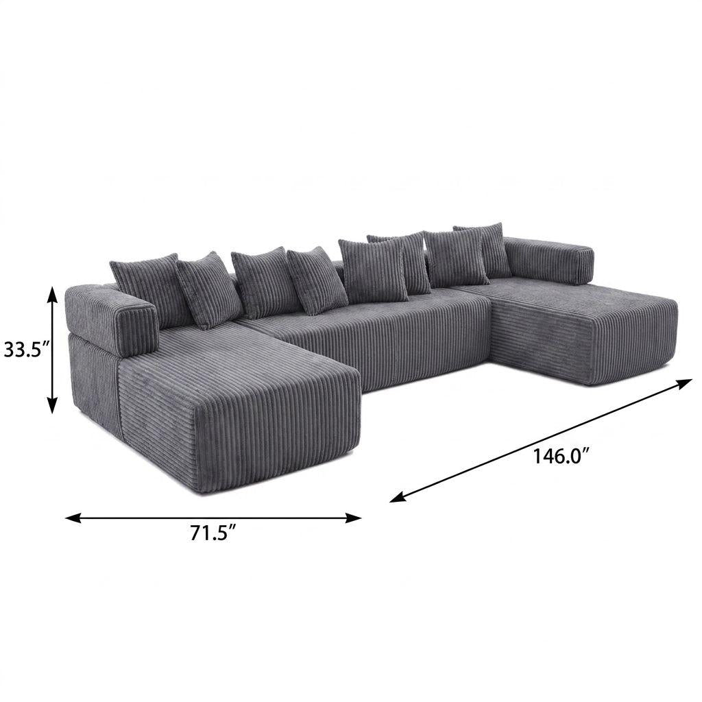 Dark Gray Corduroy Modular U Shaped Three Piece Corner Sectional With Console And Toss Pillows - HomeRoots - Flyclothing LLC