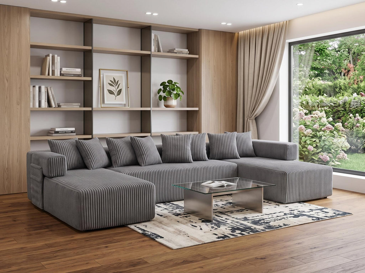 Dark Gray Corduroy Modular U Shaped Three Piece Corner Sectional With Console And Toss Pillows - HomeRoots - Flyclothing LLC