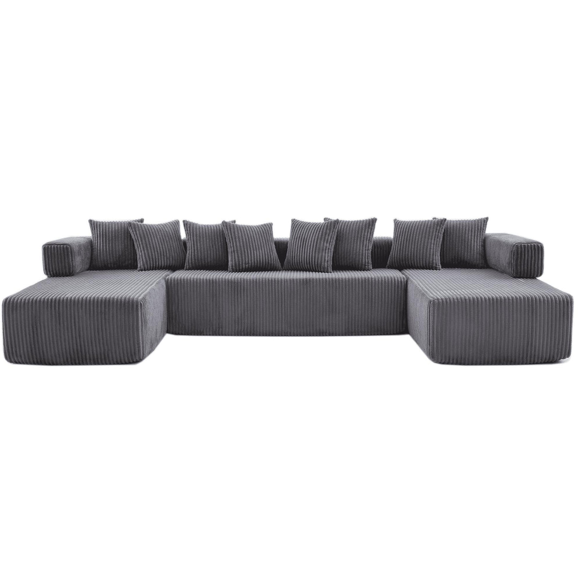 Dark Gray Corduroy Modular U Shaped Three Piece Corner Sectional With Console And Toss Pillows - HomeRoots - Flyclothing LLC
